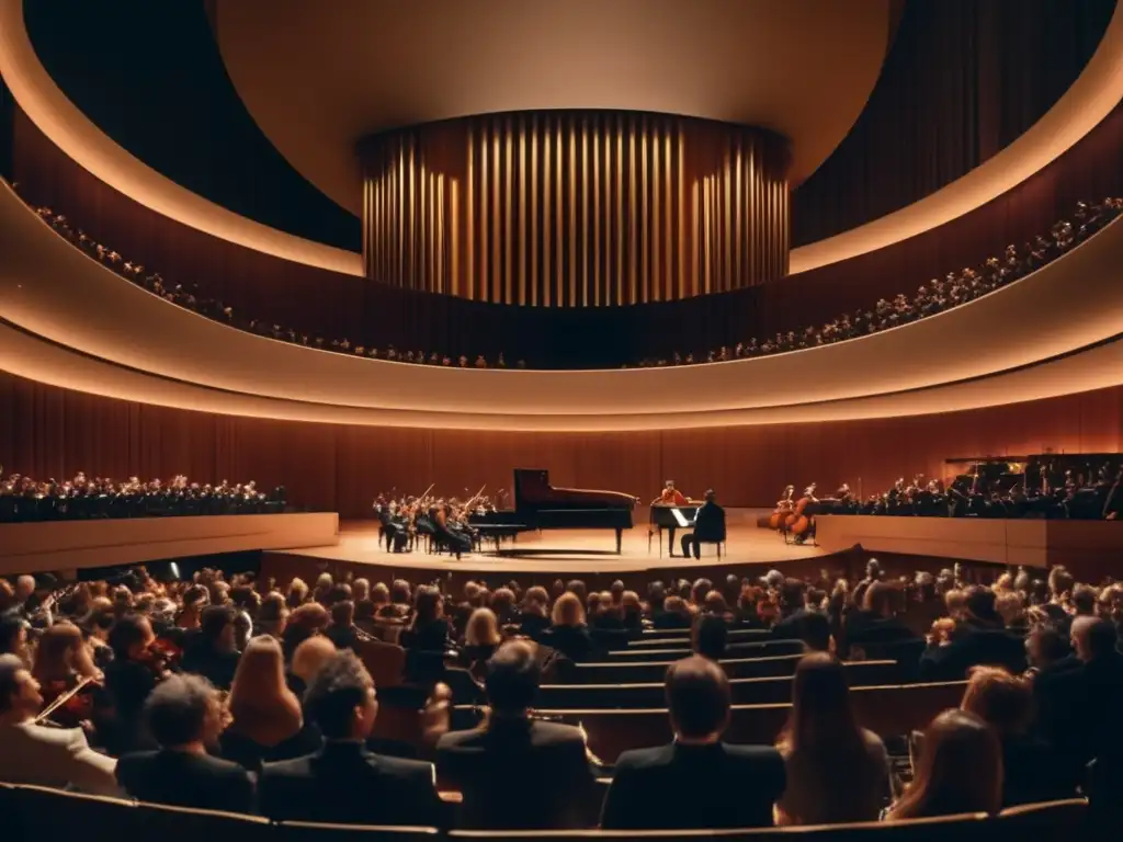 En una majestuosa sala de conciertos, una orquesta interpreta apasionadamente la 'Sinfonía No