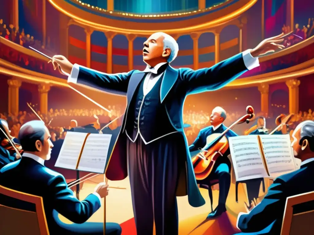 En la majestuosa sala de conciertos, Richard Strauss dirige apasionadamente a la orquesta, capturando la intensidad de su música