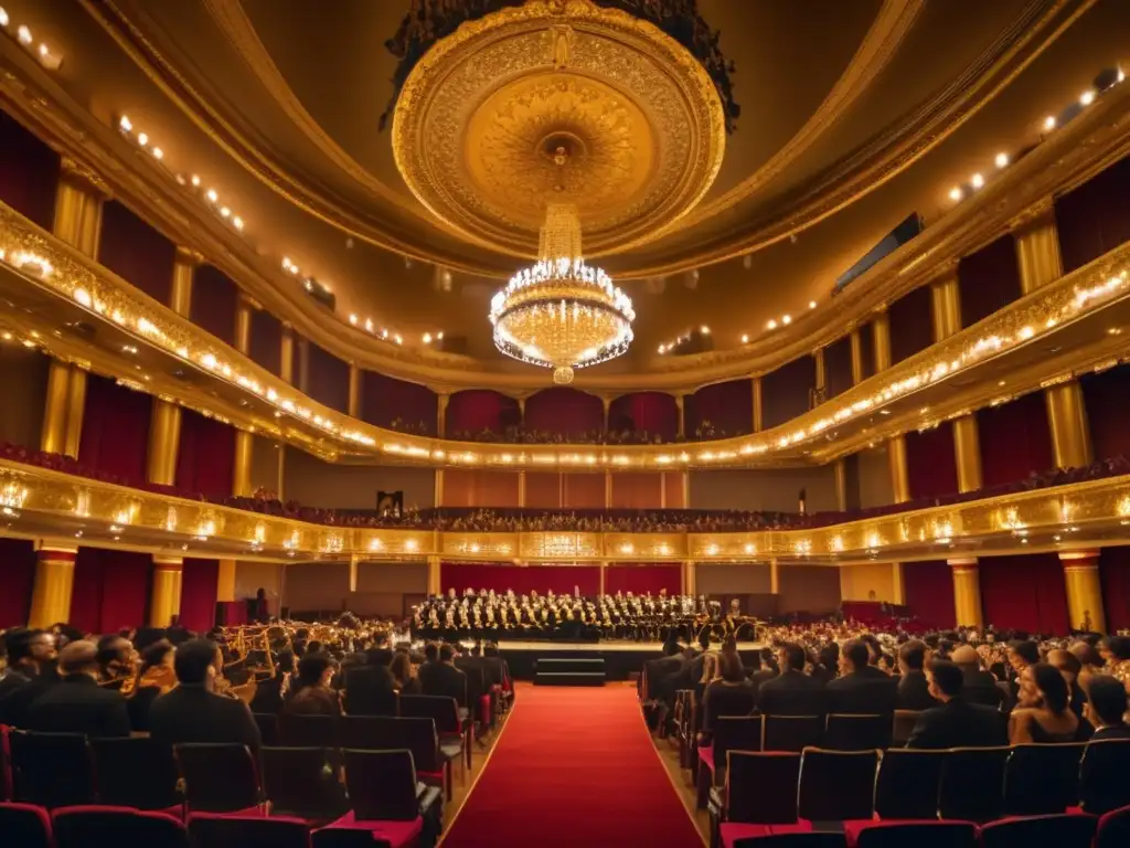 La majestuosa sala de conciertos rebosa elegancia, con el escenario iluminado y la orquesta interpretando con pasión