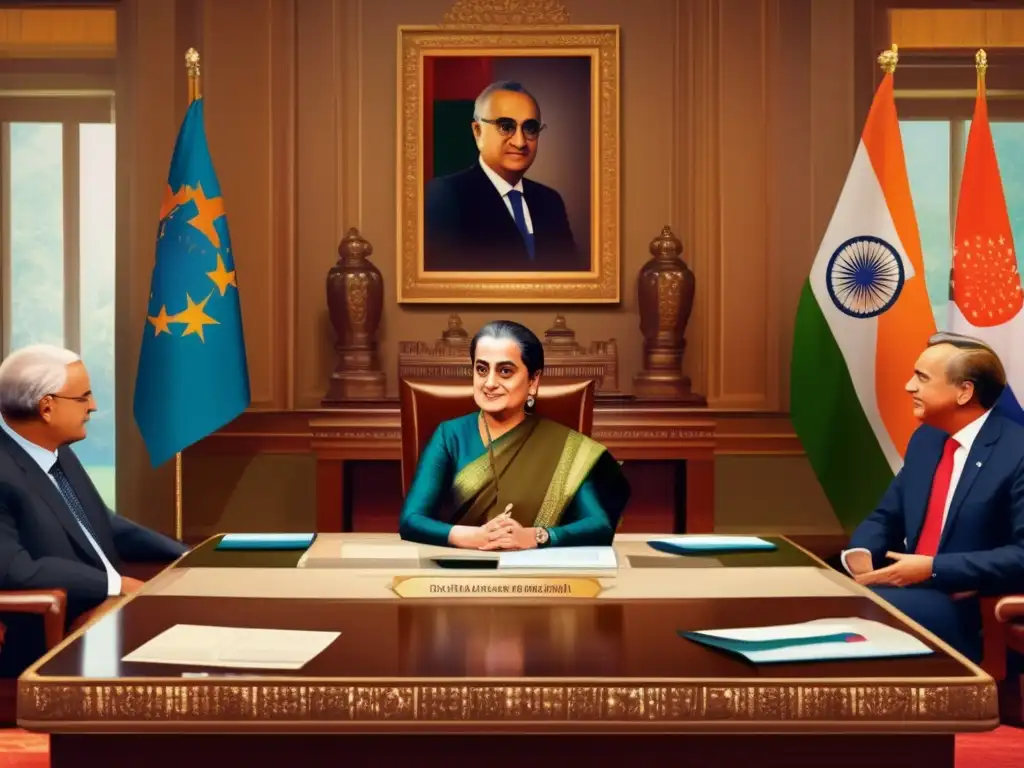 En una majestuosa sala de conferencias, Indira Gandhi lidera discusiones diplomáticas con líderes mundiales, proyectando poder y confianza