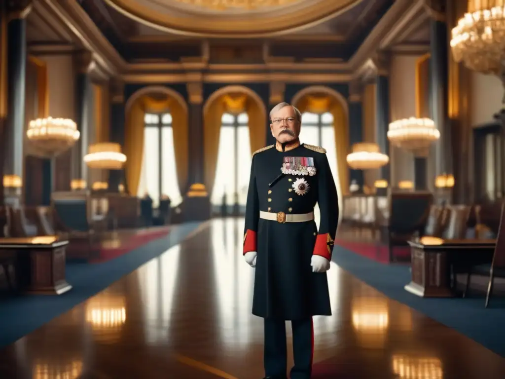 En la majestuosa sala, Otto von Bismarck irradia confianza en su uniforme militar, evocando las estrategias de unificación alemana