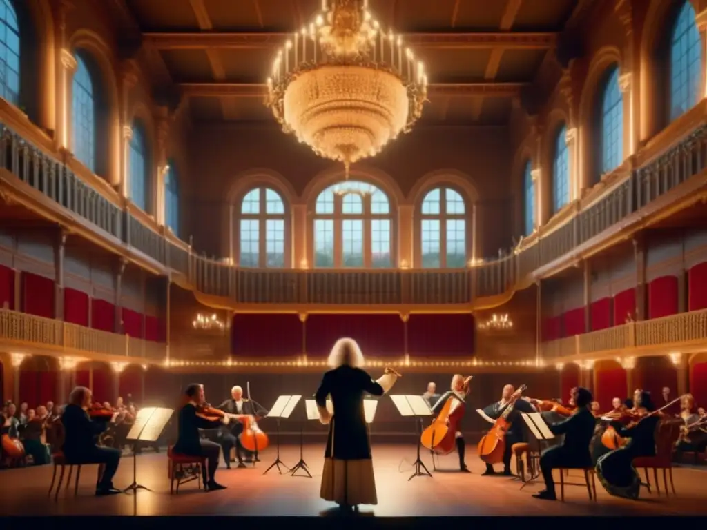 En una majestuosa sala barroca, Antonio Vivaldi dirige apasionadamente 'Las Cuatro Estaciones'