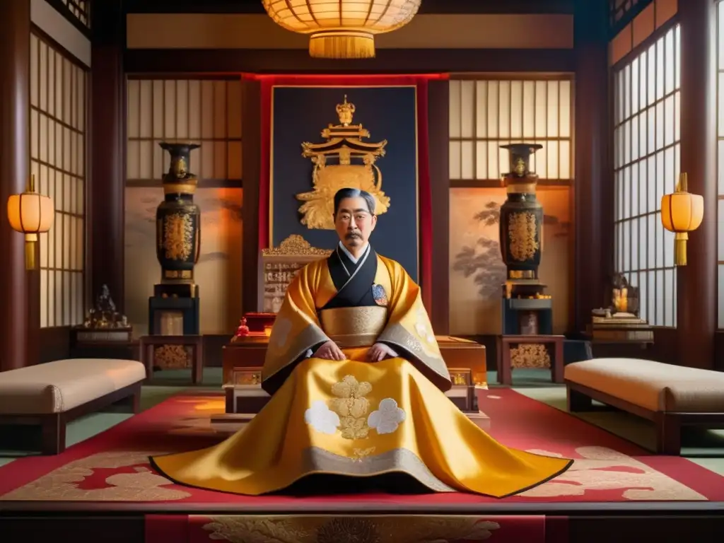 En una majestuosa sala del trono, el Emperador Hirohito de Japón irradia poder y serenidad
