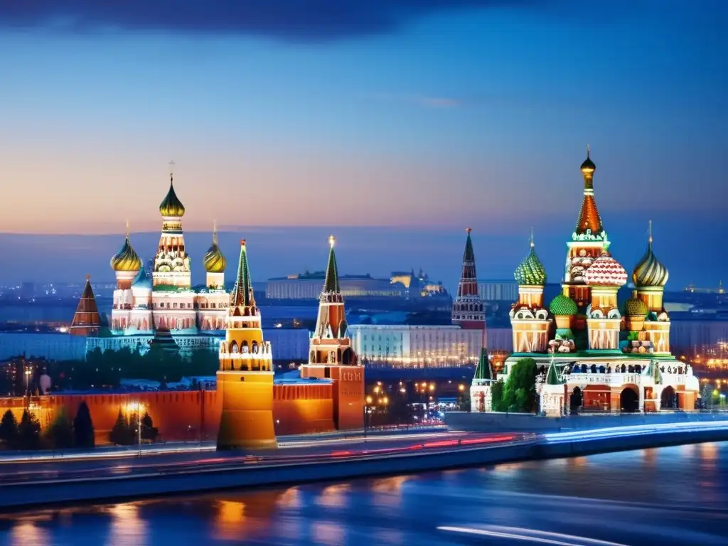 La majestuosa silueta de Moscú al anochecer, con las torres iluminadas de la Catedral de San Basilio y el Kremlin destacando contra el cielo azul profundo