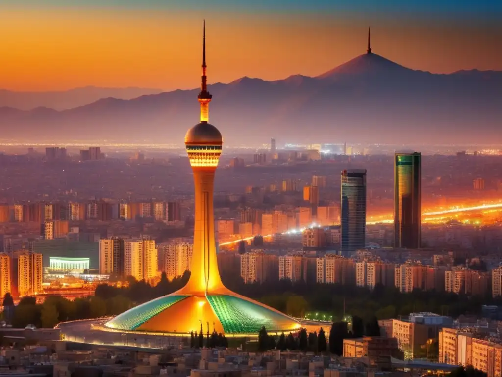 Esplendor dorado de Teherán: Torre Milad y atardecer vibrante La majestuosa Torre Milad destaca en el moderno horizonte de Teherán al atardecer, reflejando la rica historia y presente dinámico de la ciudad