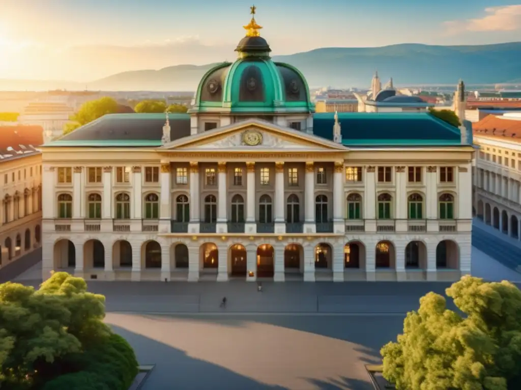 La majestuosa Universidad de Viena, cuna de la Escuela Austriaca de Economía, destaca en una brillante escena de luz y sombra