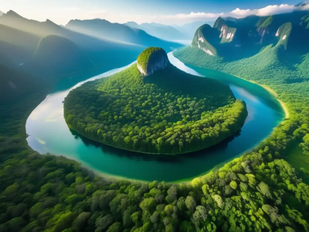 Una majestuosa vista aérea de un exuberante bosque entre montañas, con un río cristalino serpenteando, reflejando la naturaleza vibrante