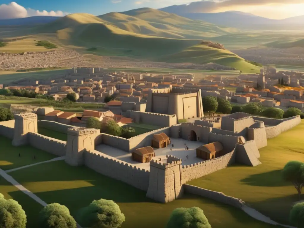 Una majestuosa vista de la capital Hittita Hattusa con sus imponentes murallas, palacios y bulliciosas calles