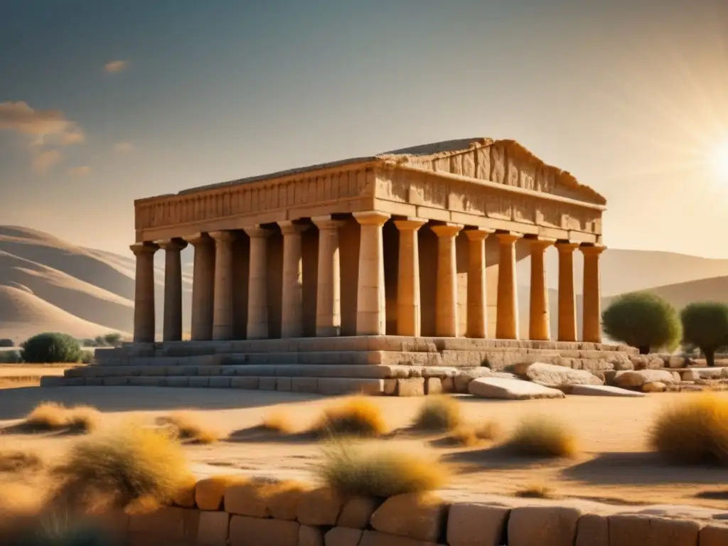 Una majestuosa vista en 8k de las ruinas de Pasargadae y la tumba de Ciro el Grande, rodeada de exuberante vegetación