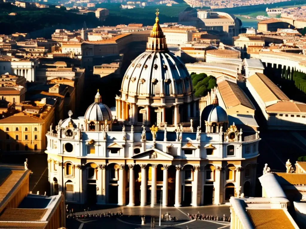 Majestuosa Basílica de San Pedro: Esplendor Dorado en el Vaticano Una majestuosa vista de la Basílica de San Pedro en el Vaticano, con detalles arquitectónicos impresionantes y bañada por la cálida luz del sol