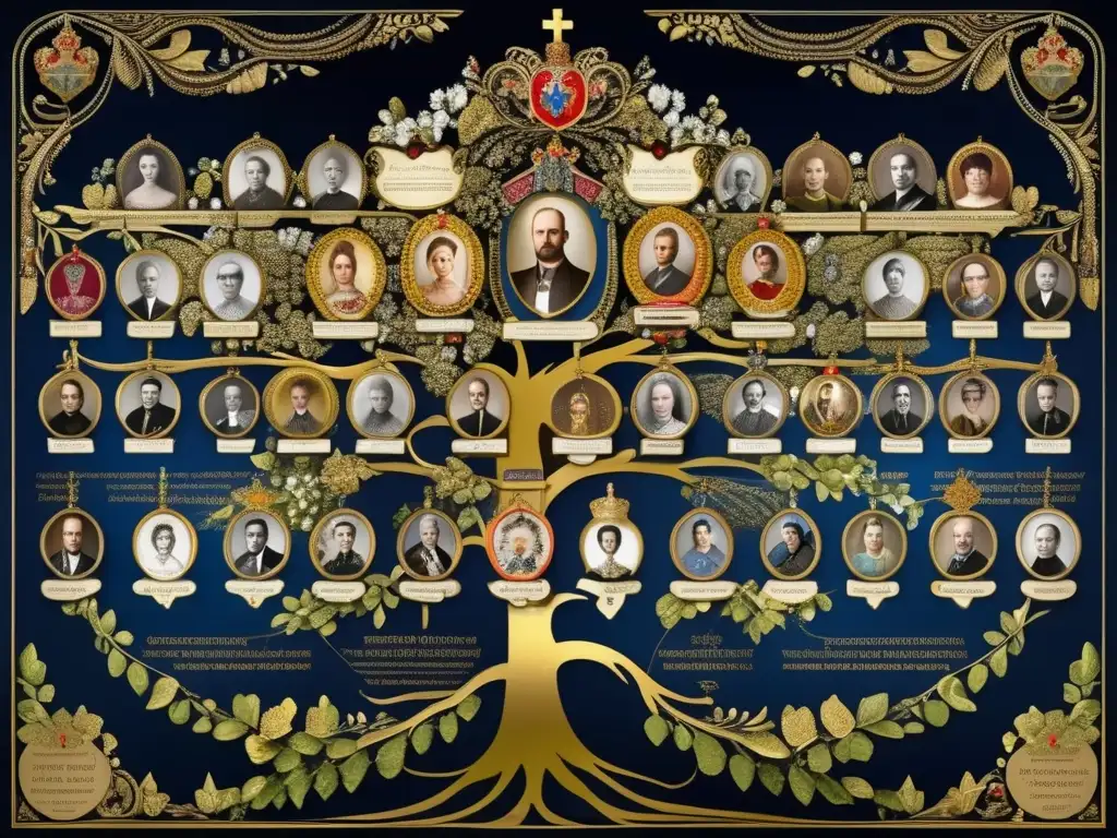 Una majestuosa representación visual de la genealogía de los Grandes Duques y Duquesas de Rusia, exudando un aura de grandeza histórica