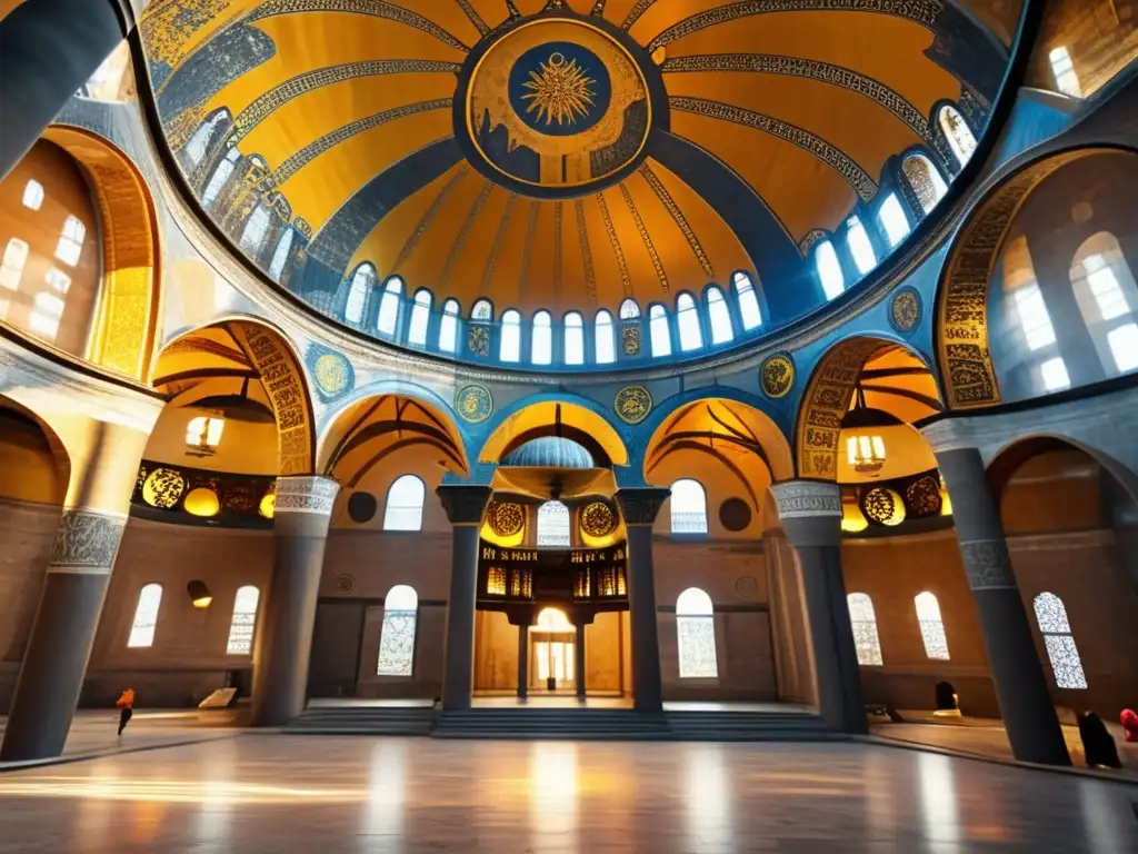 La majestuosidad de la Hagia Sophia en Estambul, Turquía, con sus intrincadas cúpulas y la luz solar iluminando antiguos mosaicos y pilares de mármol