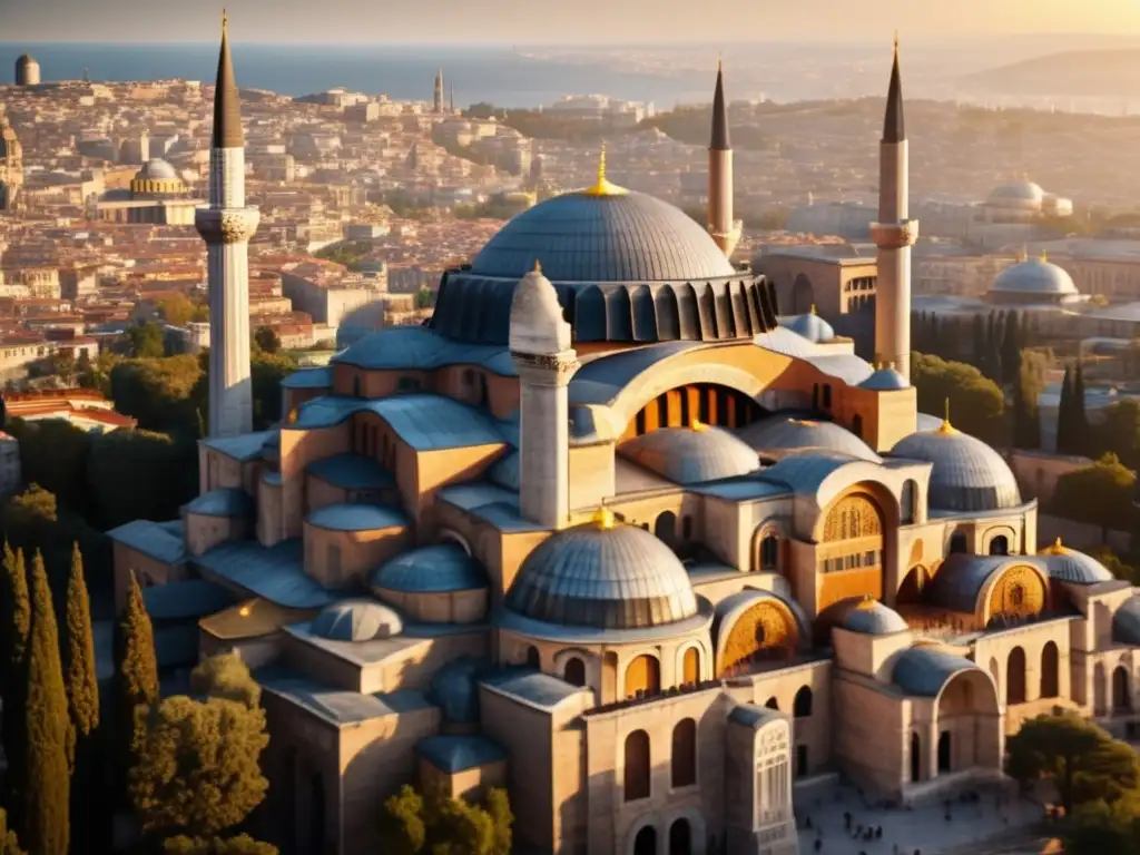 La majestuosidad de la Hagia Sophia en Constantinopla durante el reinado de Justiniano I, con sus detalles arquitectónicos y el bullicio de la ciudad en el fondo, evocando la grandeza del Imperio bizantino