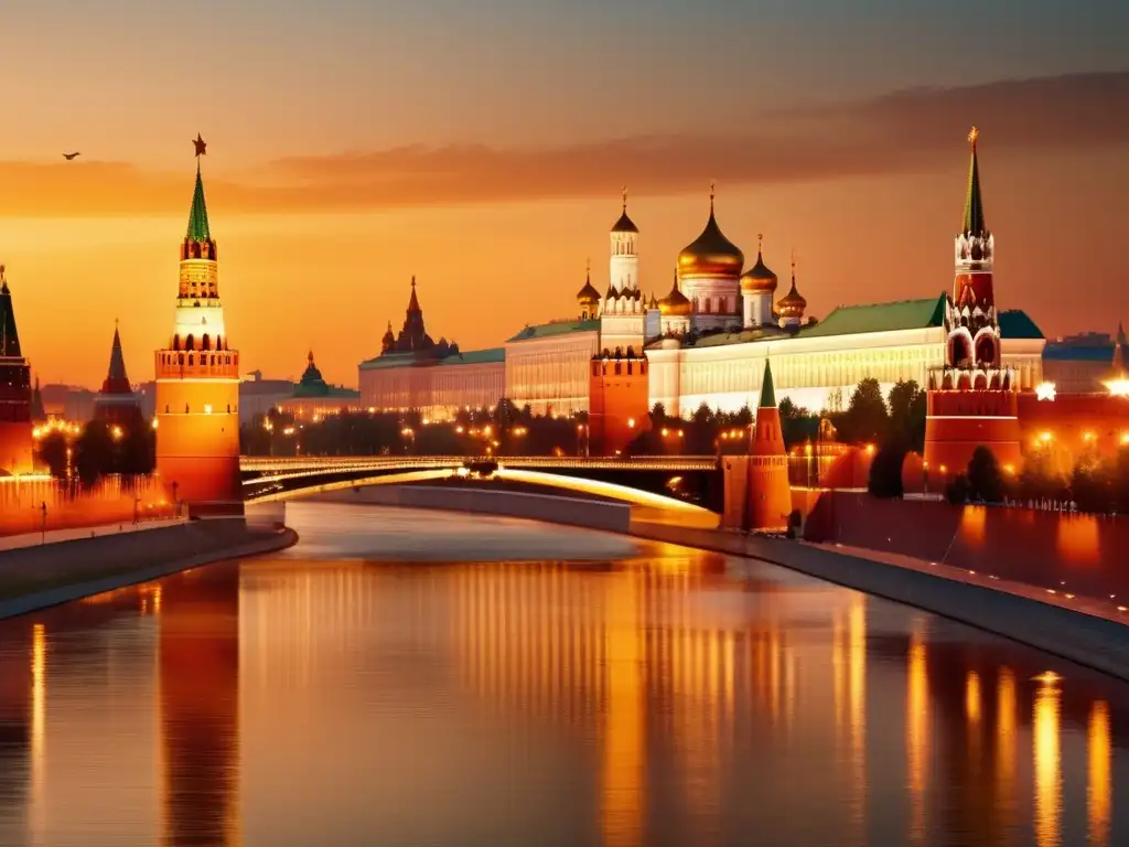 Majestuoso Kremlin de Moscú al atardecer: imagen 8k - La majestuosidad del Kremlin al atardecer, con sus luces doradas reflejadas en el río Moscova