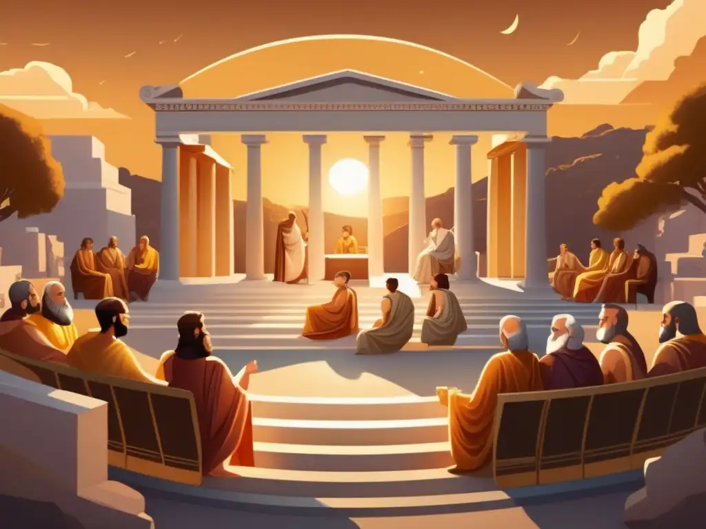En un majestuoso anfiteatro de mármol, filósofos influyentes discuten bajo el cálido resplandor del atardecer