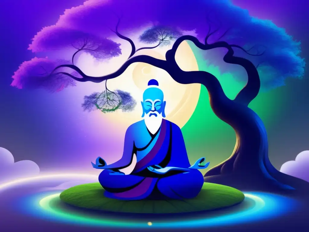 Bajo un majestuoso árbol Bodhi, Lao Tzu medita en armonía, rodeado de símbolos yin yang