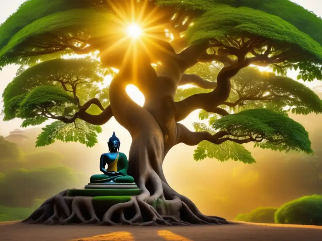 El majestuoso árbol Bodhi: serenidad y revelación espiritual Un majestuoso árbol Bodhi, escenario sagrado donde Siddharta Gautama alcanzó la iluminación