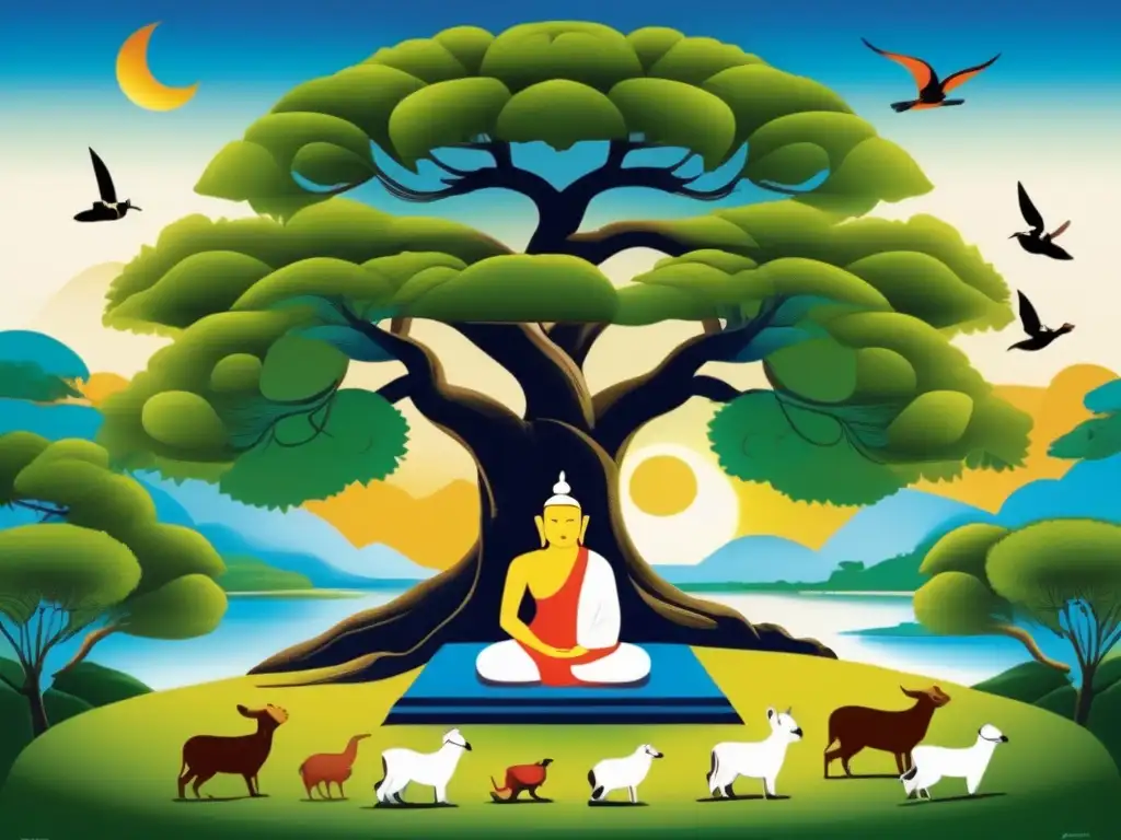 Bajo un majestuoso árbol, Mahavira, reformador espiritual, medita en armonía con la naturaleza