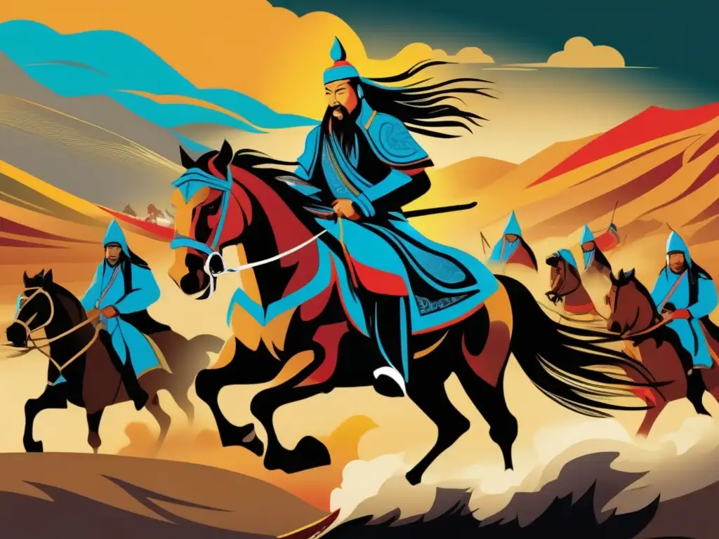 Un majestuoso arte digital moderno que representa a Genghis Khan liderando su ejército a través de las vastas estepas de Mongolia