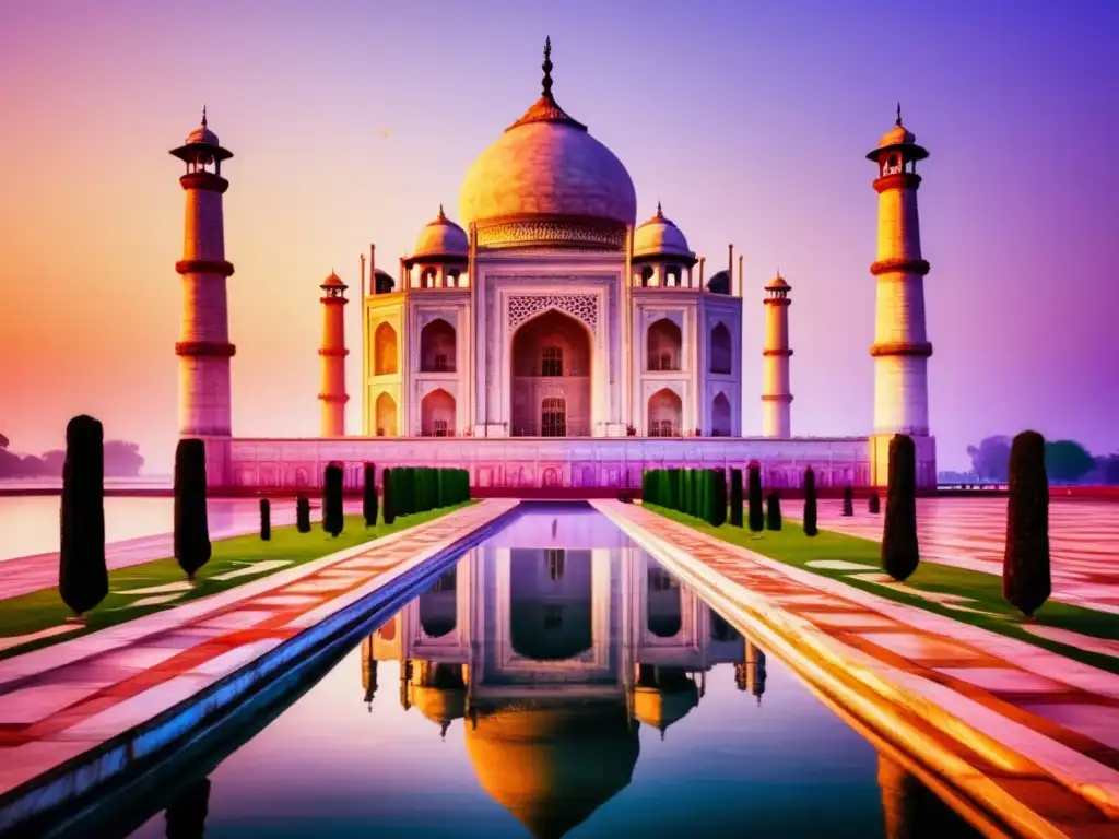 El majestuoso Taj Mahal al atardecer, reflejando el arte y poder de los Mughal en tonos naranjas y morados