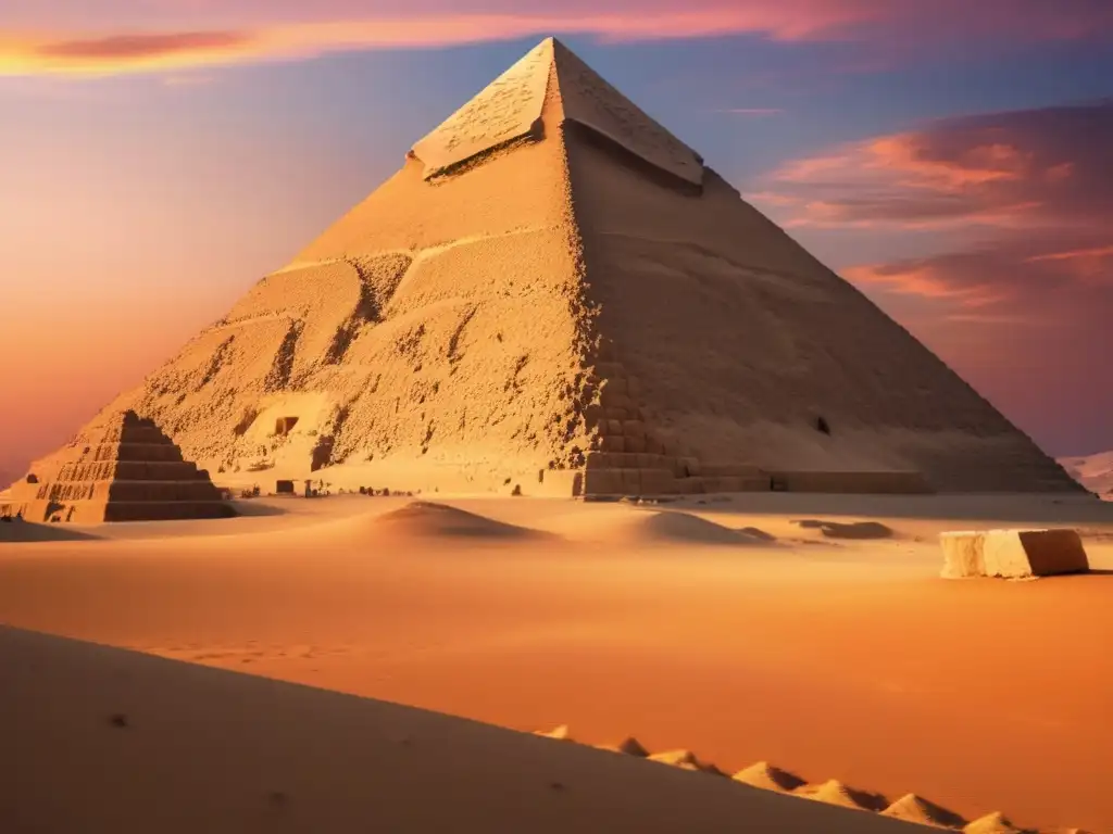 Un majestuoso atardecer ilumina la Gran Pirámide de Giza, resaltando su antigua belleza y la historia de los faraones egipcios