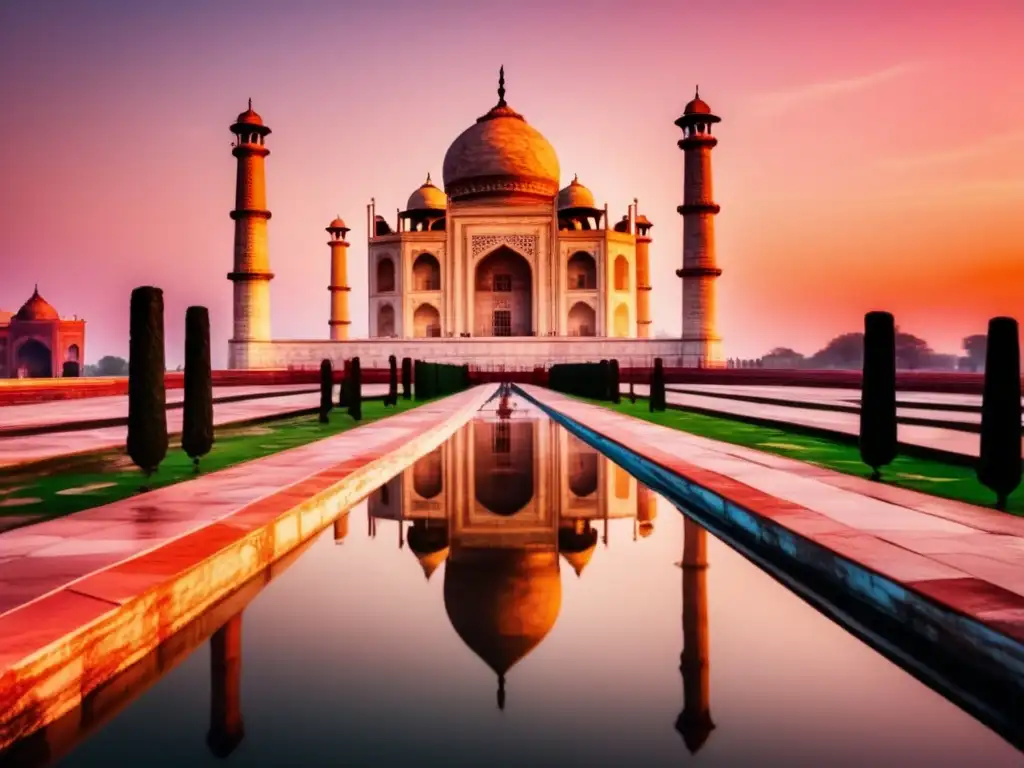 El majestuoso Taj Mahal al atardecer, con sus intrincadas tallas de mármol y reflejos en el agua, bajo un cielo anaranjado y rosado
