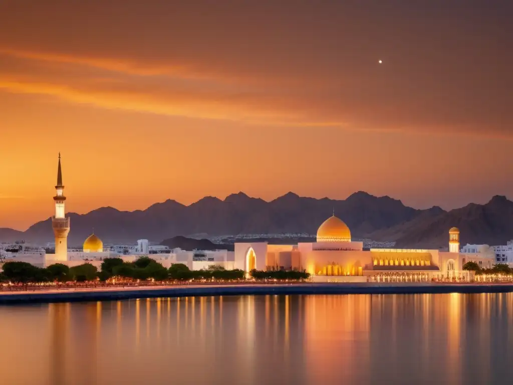 Un majestuoso atardecer sobre el moderno skyline de Muscat, Oman, destaca la influencia del Reinado de Qaboos bin Said al Said