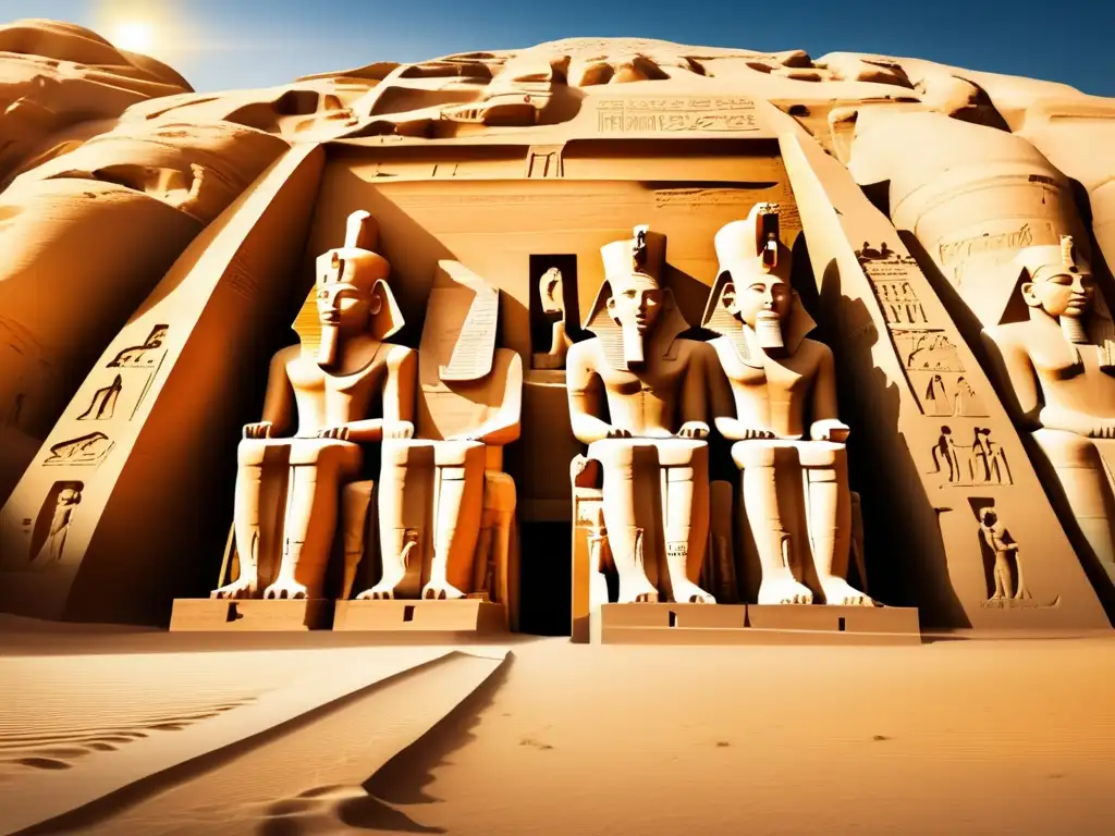 Un majestuoso atardecer ilumina los templos de Abu Simbel en Egipto, destacando las imponentes estatuas de Ramsés II