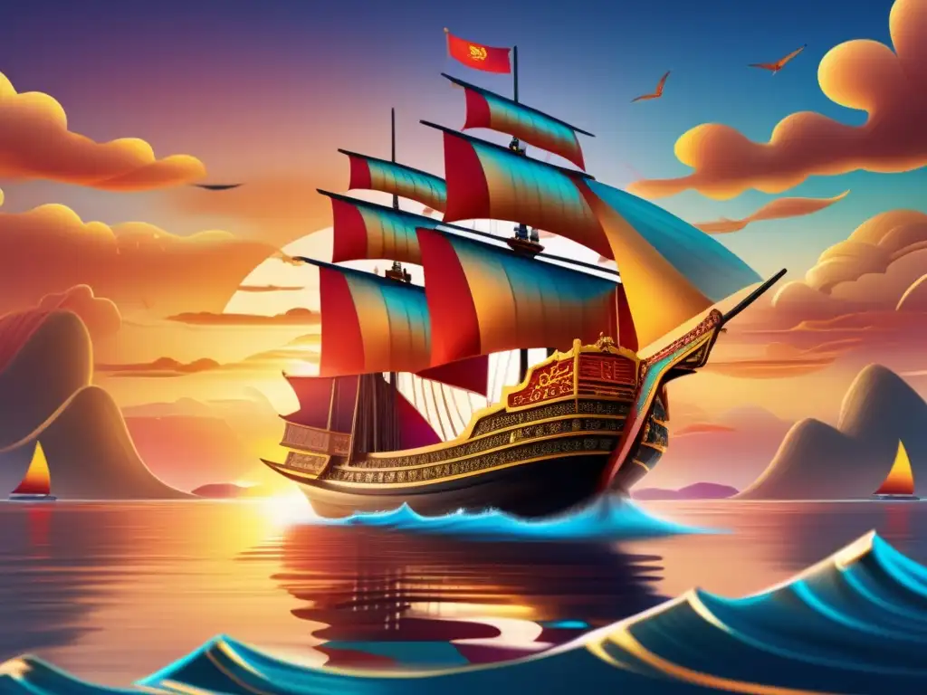 El majestuoso barco del tesoro de Zheng He surca el mar al atardecer, capturando la grandeza de las expediciones marítimas Zheng He China