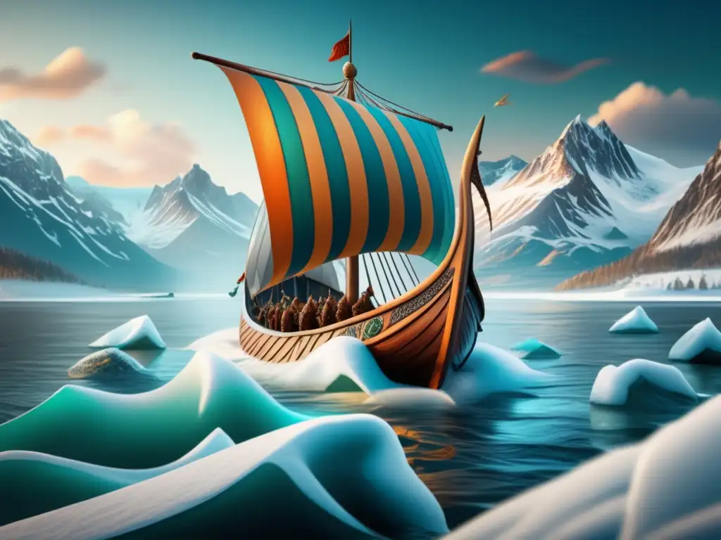 Un majestuoso barco vikingo navegando por aguas heladas del norte, con montañas nevadas al fondo