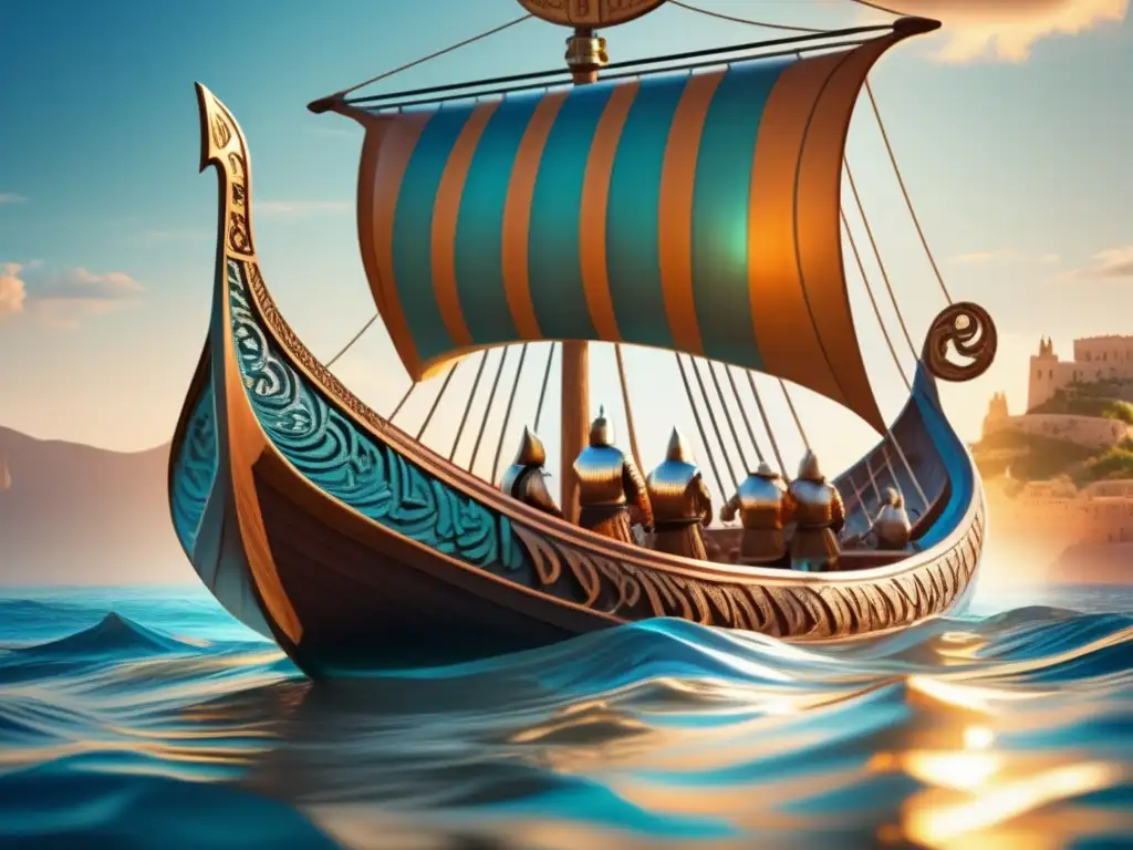 Un majestuoso barco vikingo surca las aguas azules del Mediterráneo, reflejando la conquista de los normandos en el Mediterráneo