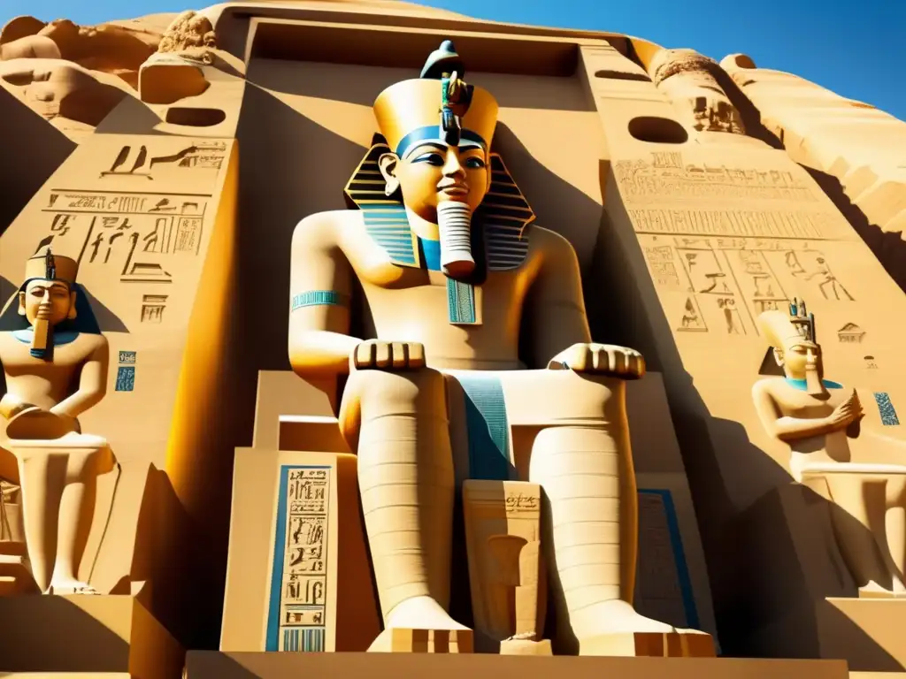 El majestuoso Colosal Estatua de Amenhotep III, faraón de Egipto, irradia poder y sabiduría en medio de un escenario grandioso