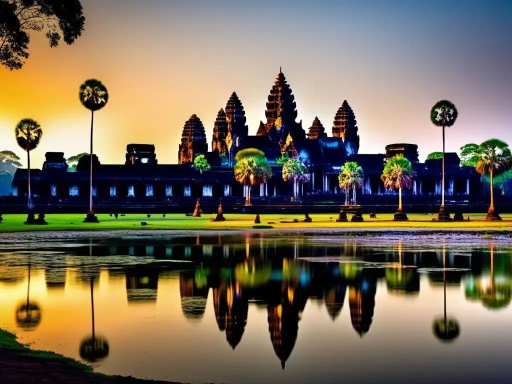 Al amanecer, el majestuoso complejo del templo de Angkor Wat se ilumina con la cálida luz del sol, revelando sus intrincadas tallas en piedra