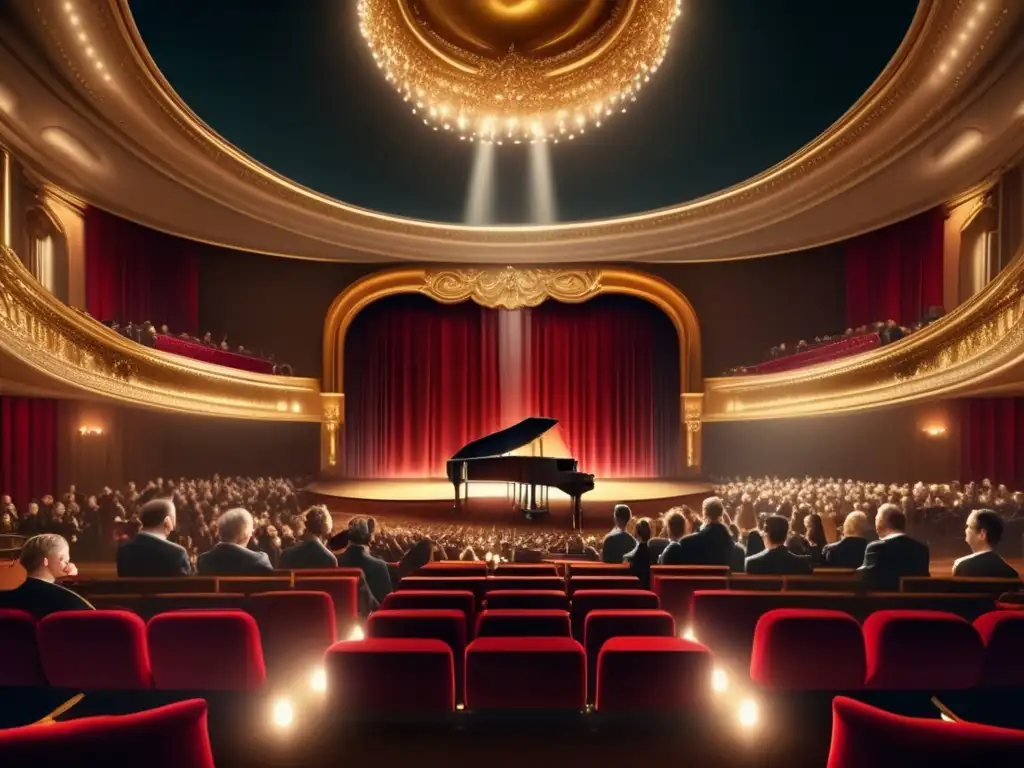 Un majestuoso concierto en un teatro lleno de detalles dorados y asientos de terciopelo rojo