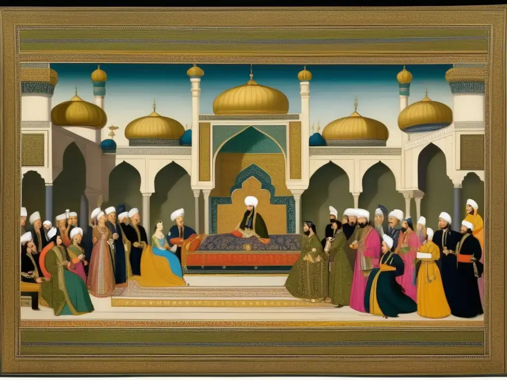 Un majestuoso cuadro de la corte otomana de Sultana Kösem, con detalles ornamentados, figuras ricamente adornadas y una sensación de opulencia y poder