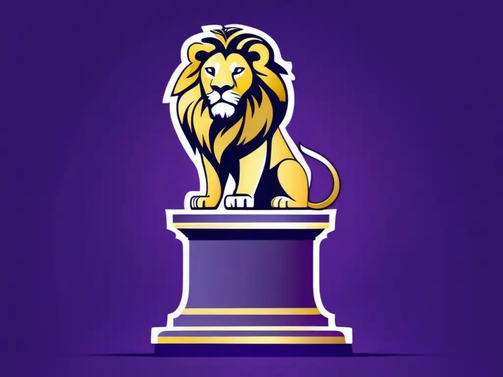 Un león majestuoso, con cada detalle de su melena y mirada imponente, en un pedestal sobre un fondo de púrpura y oro