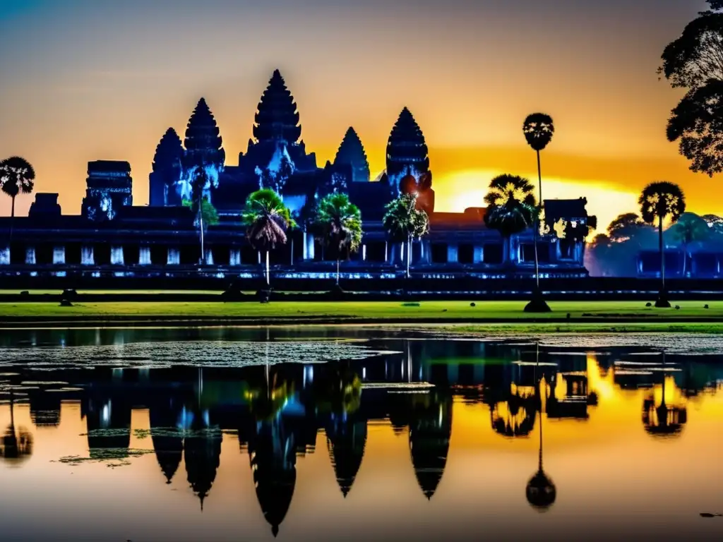 Al amanecer, Angkor Wat se eleva majestuoso, con detalles nítidos y una atmósfera mágica que evoca la grandeza del Imperio Jemer