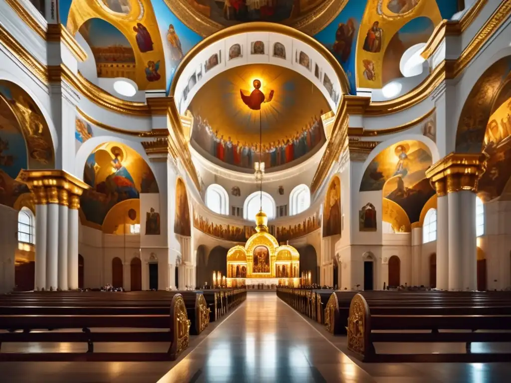 El majestuoso interior de la Catedral de Cristo Salvador en Moscú, con su iconostasio dorado, frescos ornamentados y la grandeza arquitectónica