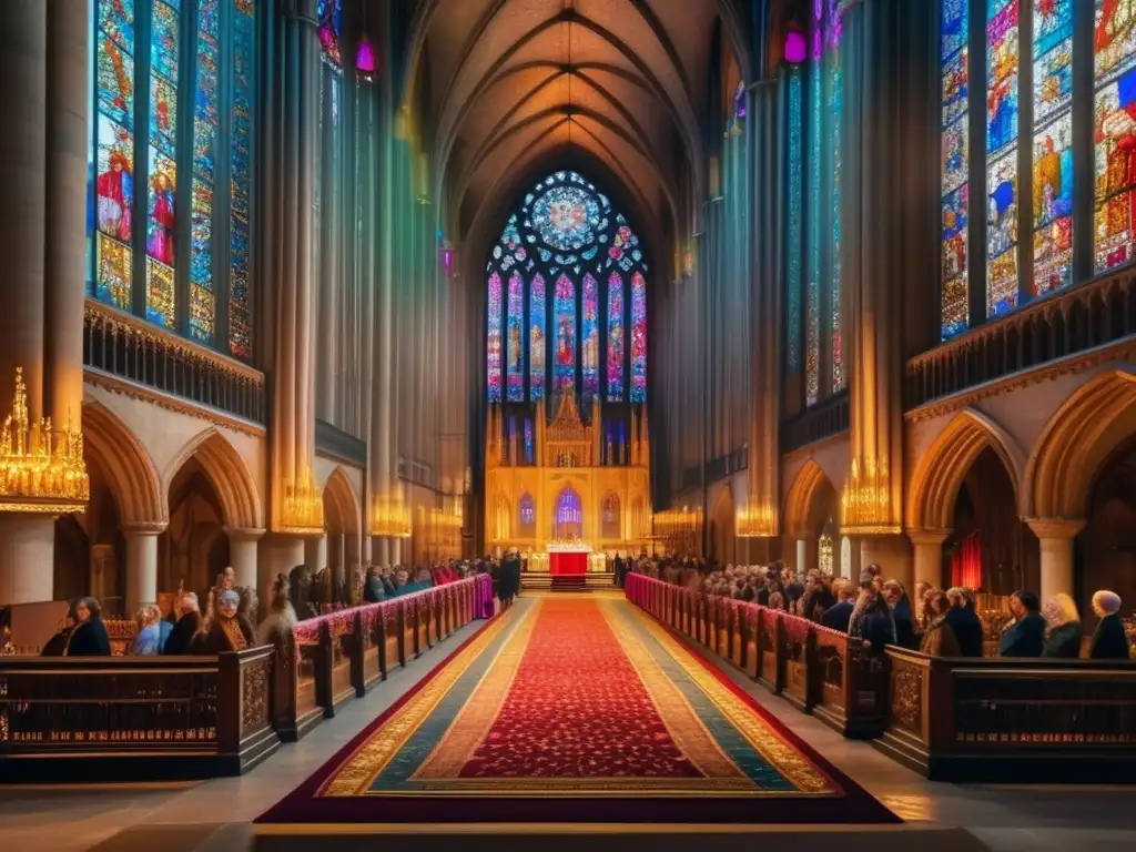 Isabel I de Castilla y su corte: majestuosidad y poder en la catedral - En el majestuoso interior de una catedral, Isabel I y su corte religiosa y política exudan autoridad y poder