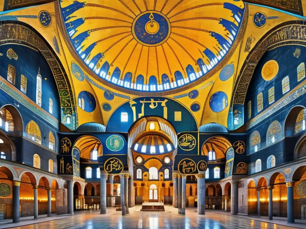 Un majestuoso mosaico bizantino de la Hagia Sophia en Estambul, reflejando la opulencia del Imperio Romano