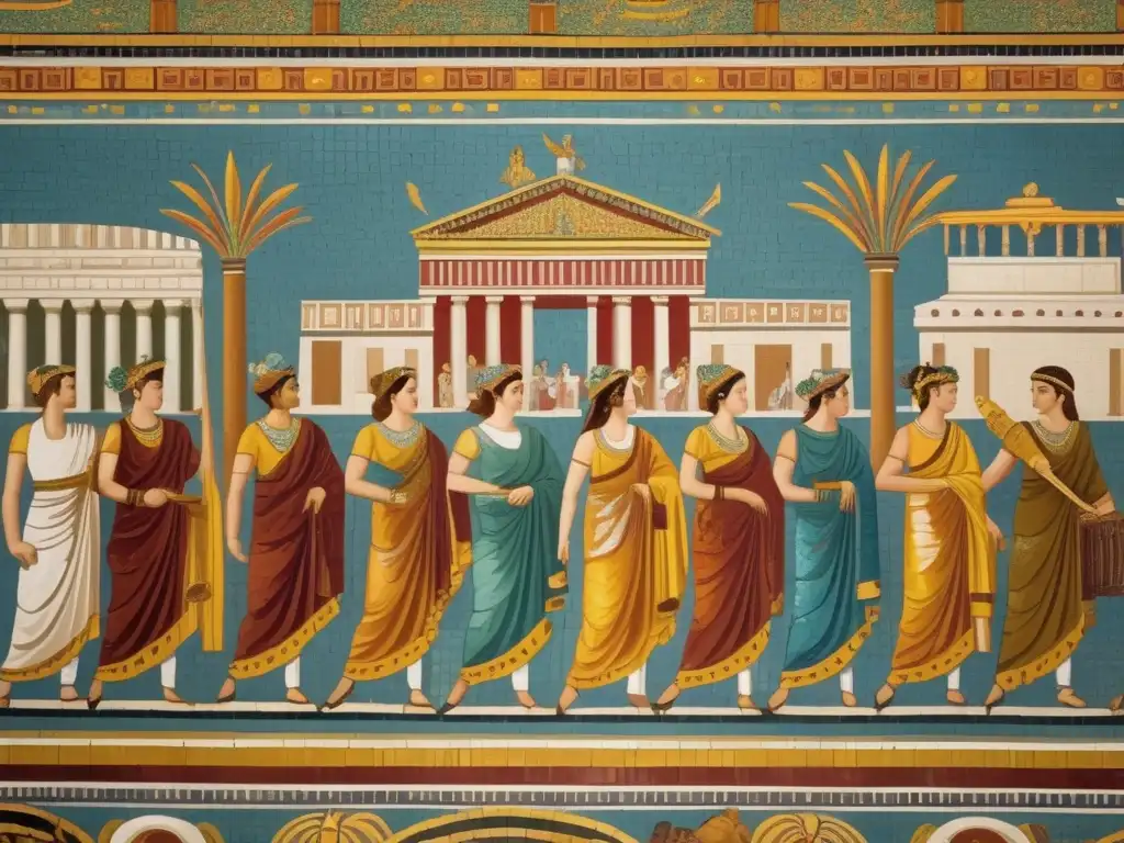 Un majestuoso mosaico que representa una escena de festival romano, con detalles de bailarines, músicos y asistentes ataviados con opulentos trajes