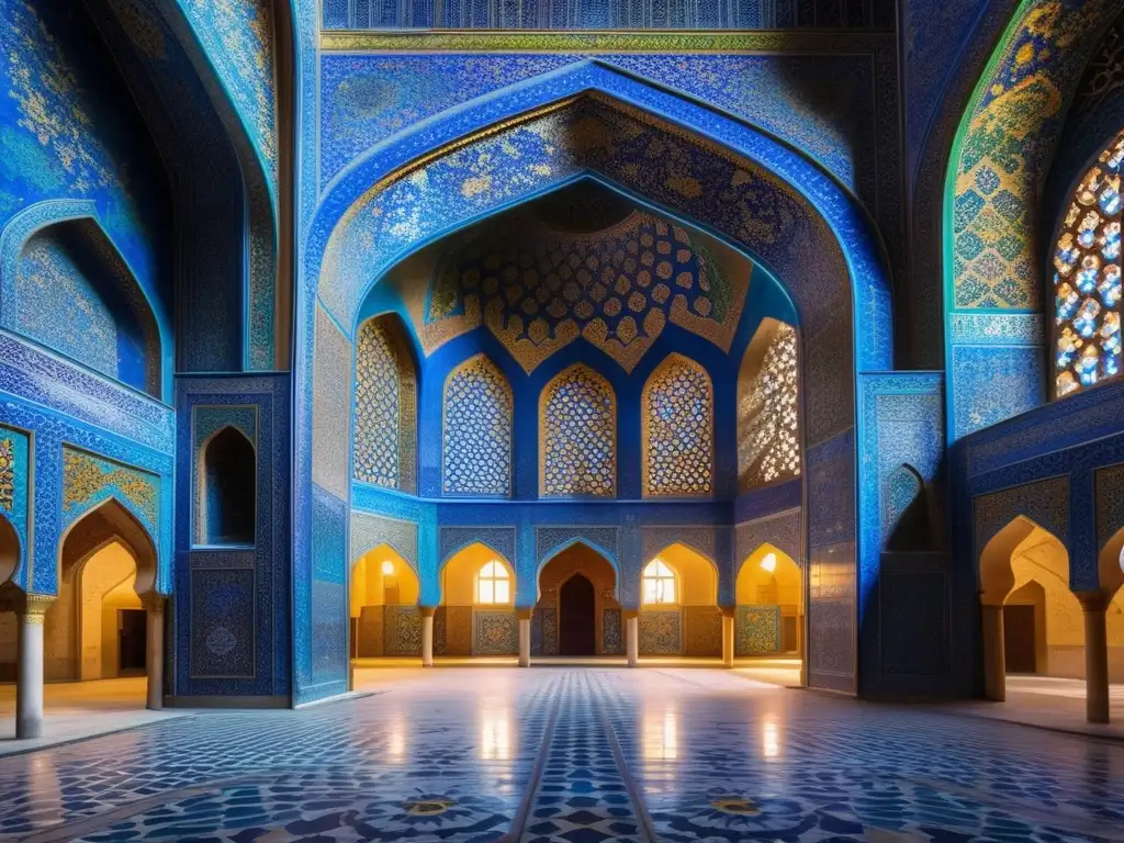 Un majestuoso mosaico de la mezquita de Shah en Isfahán, Irán, resaltando la arquitectura persa de la dinastía Safávida