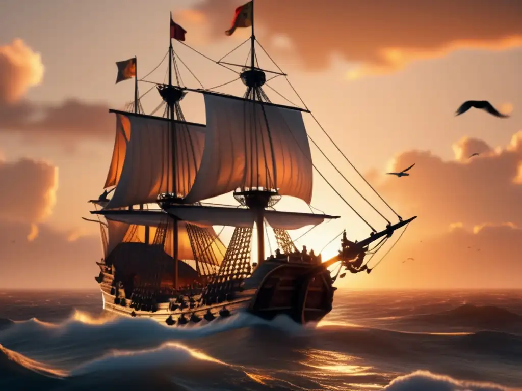 Un majestuoso navío del Siglo de Oro surca el océano al atardecer, rodeado de gaviotas