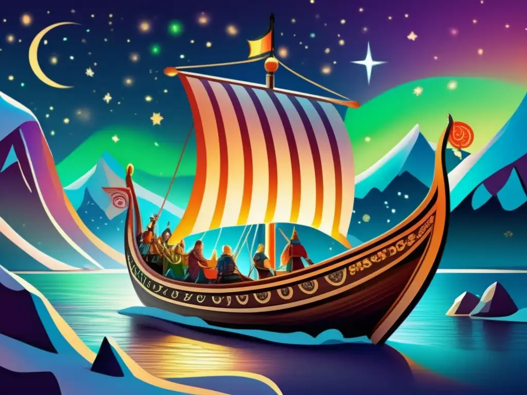 Un majestuoso navío vikingo surca las luces del norte en una noche estrellada, evocando la mitología nórdica de las palabras de Saxo Grammaticus