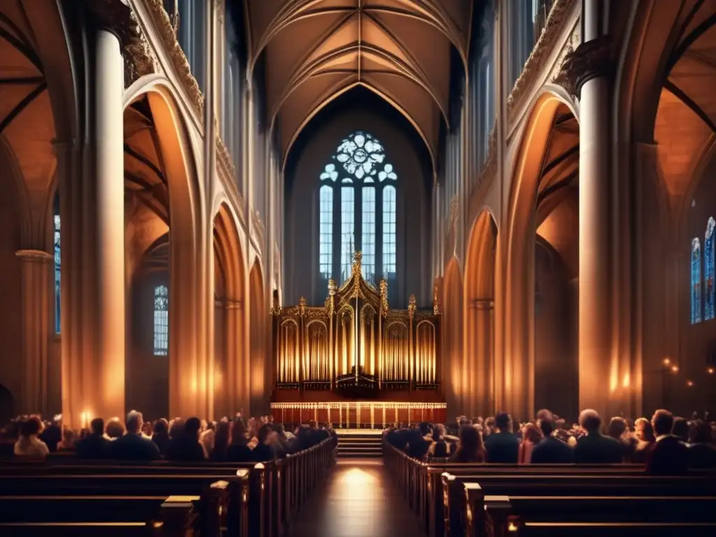 Un majestuoso Orfeón en una catedral histórica, con expresiones detalladas de los cantantes y la arquitectura ornamental