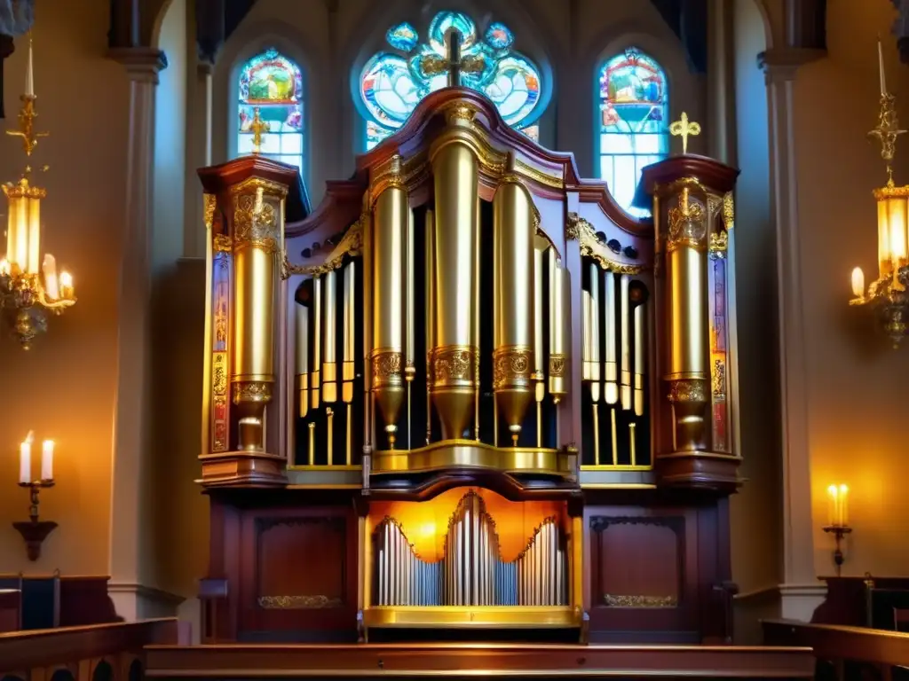 Un majestuoso órgano barroco bañado en luz solar, con detalles dorados y tubos coloridos