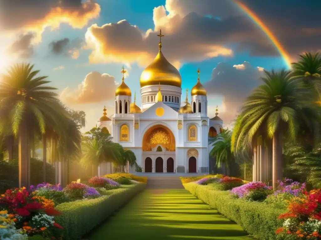 Un majestuoso y ornamentado catedral con cúpulas doradas, rodeada de exuberante vegetación y flores coloridas