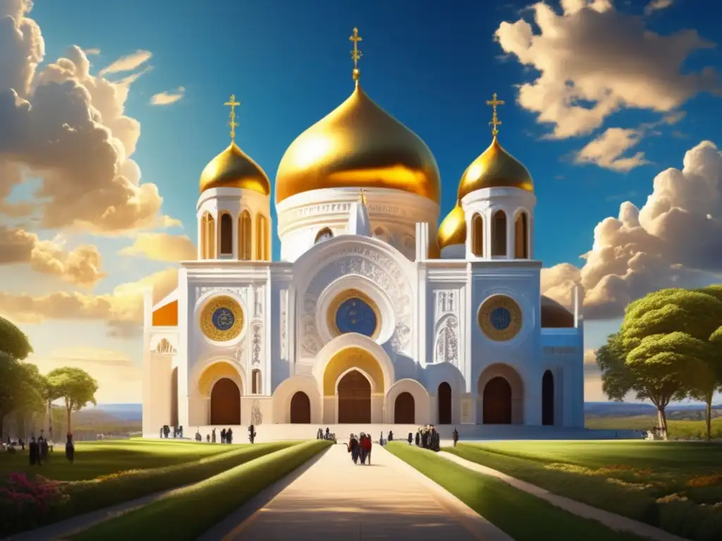 Esplendor ortodoxo: catedral dorada bajo cielo azul - Un majestuoso y ornamentado catedral ortodoxa rusa con cúpulas doradas, bajo un cielo azul y nubes blancas