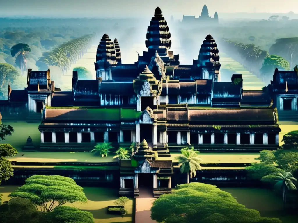 Un majestuoso paisaje 8k de Angkor Wat, con ruinas cubiertas de vegetación exuberante