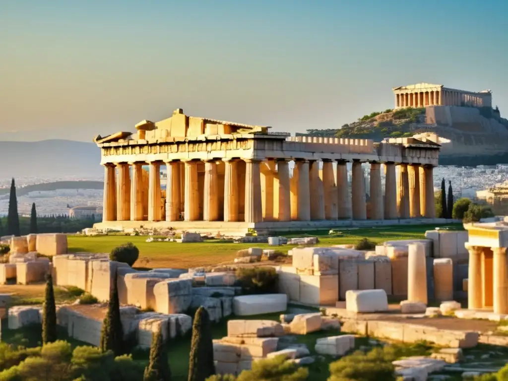 El majestuoso Partenón en la Acrópolis de Atenas, con sus columnas de mármol y paisaje verde, iluminado por el amanecer